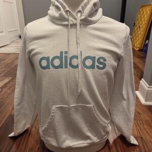 Adidas White Hoodie with Teal Logo – Size Medium – Pullover Sweatshirt